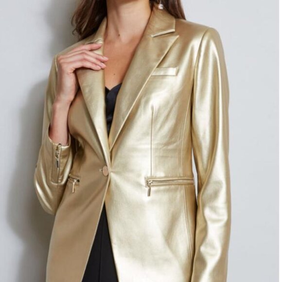 Elie Tahari The Harley Metallic Vegan Faux Leather Jacket, Gold - Picture 4 of 15